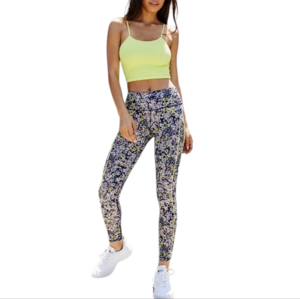 FP Movement Free People Floral Print Leggings Blue Chartreuse Women's Size Large